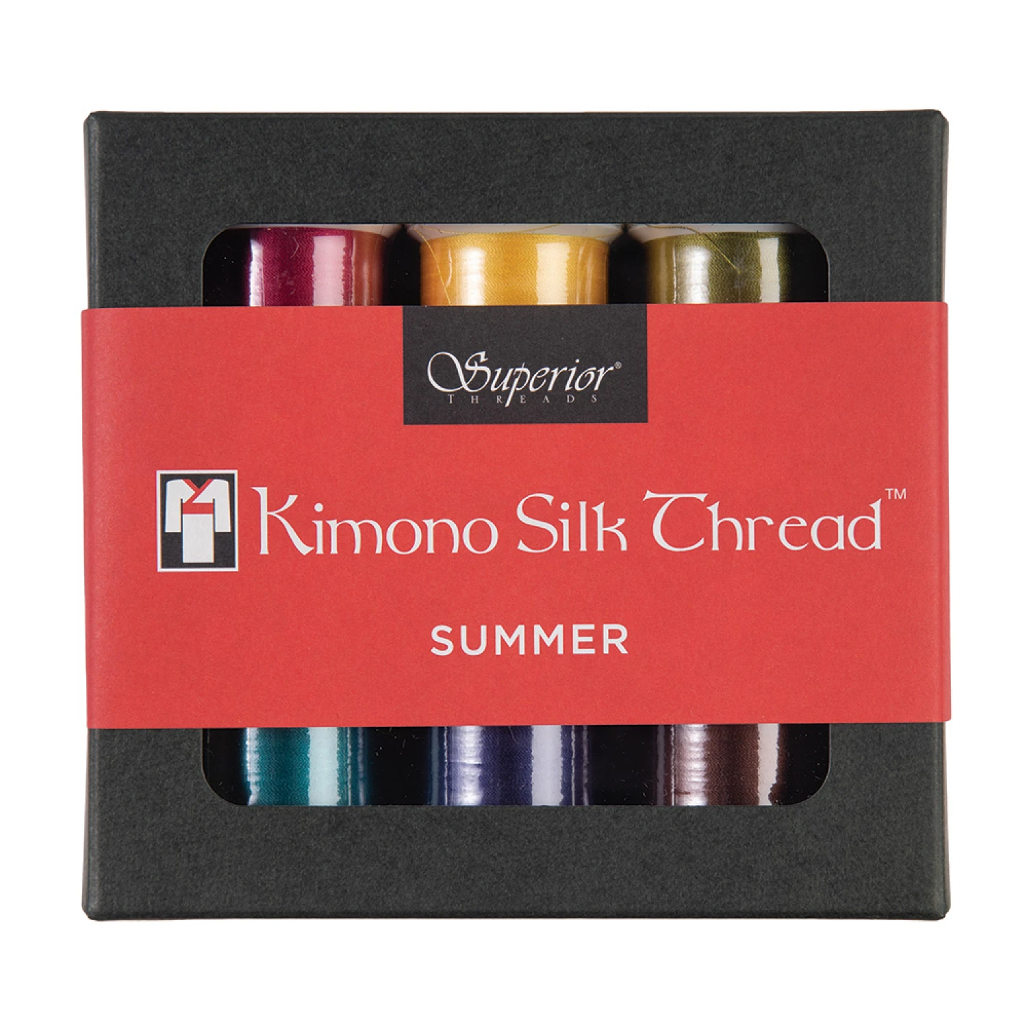 A package of Superior Threads Kimono Silk Thread in the Summer colorway, featuring six spools of thread in a black box with a red label.
