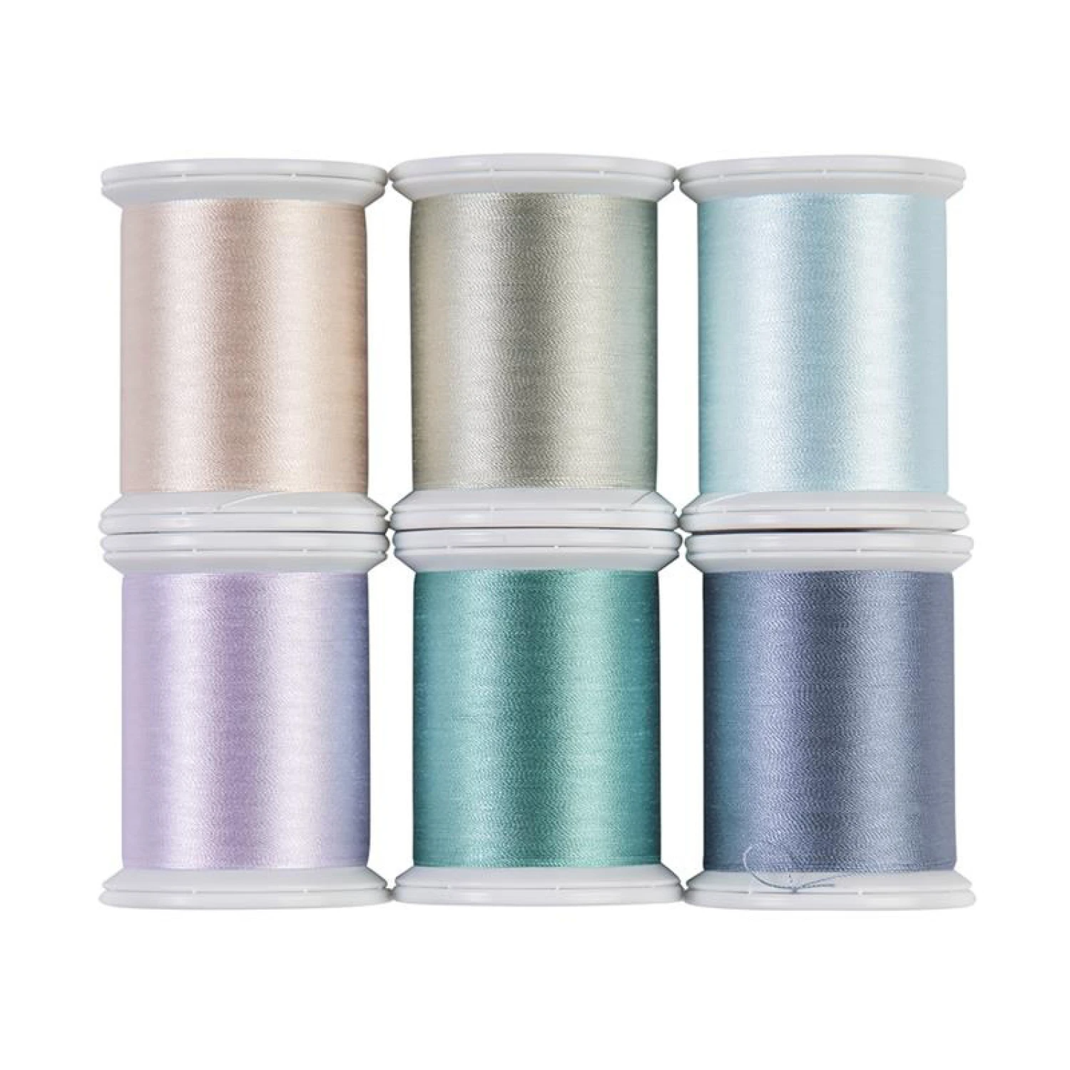 Six spools of shimmering satin thread arranged in a 2x3 grid on a white background. The colors include champagne, silver, icy blue, lavender, teal, and periwinkle.