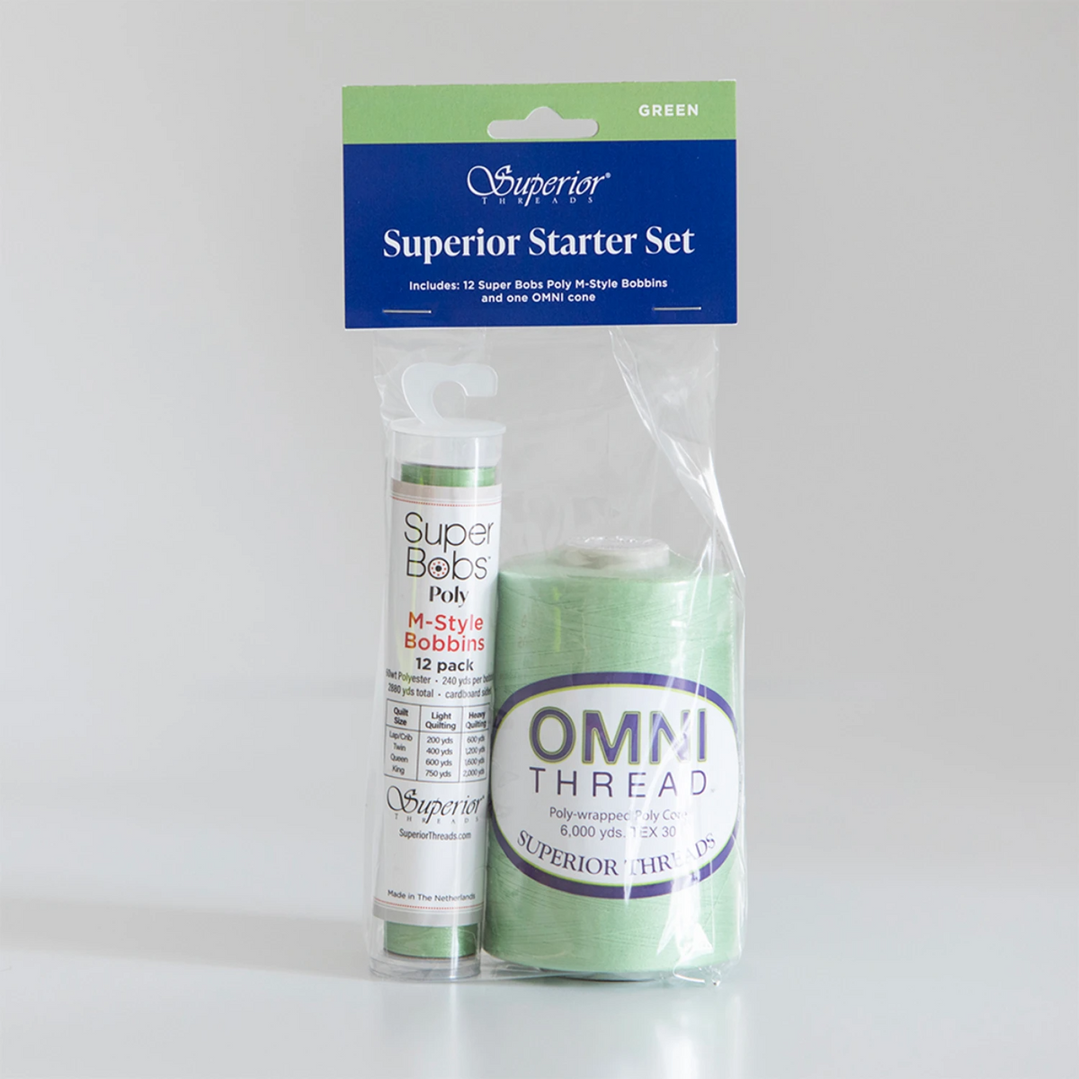 Superior Starter Set containing a tube of Super Bobs Poly M-Style Bobbing and a spool of OMNI THREAD polyethylene fiber, both in light green, packaged in a clear plastic bag with a green and white header card.