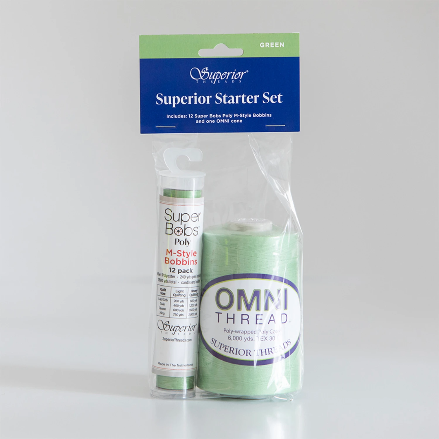 Superior Starter Set containing a tube of Super Bobs Poly M-Style Bobbing and a spool of OMNI THREAD polyethylene fiber, both in light green, packaged in a clear plastic bag with a green and white header card.