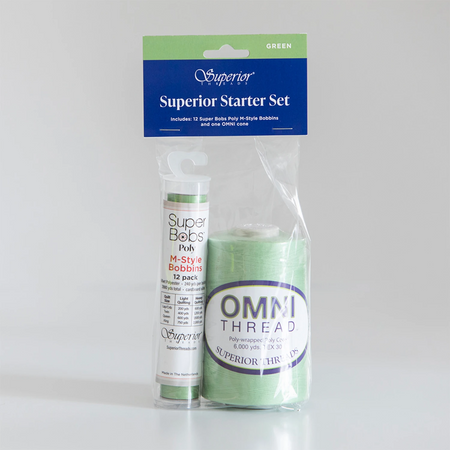 Superior Starter Set containing a tube of Super Bobs Poly M-Style Bobbing and a spool of OMNI THREAD polyethylene fiber, both in light green, packaged in a clear plastic bag with a green and white header card.
