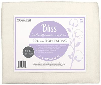Bliss Quilt Batting 100% Cotton King 120in x 120in