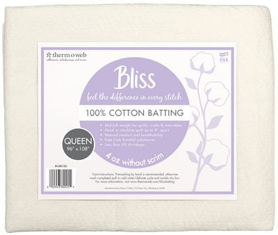 Bliss Quilt Batting 100% Cotton Queen 108in x 96in