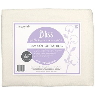 Bliss Quilt Batting 100% Cotton Throw Plus 60in x 72in