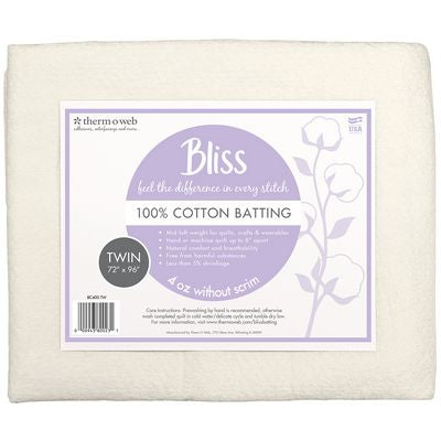 Bliss Quilt Batting 100% Cotton Twin 72in x 96in