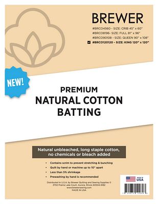 Brewer Premium Natural Cotton Batting King 120in x 120in