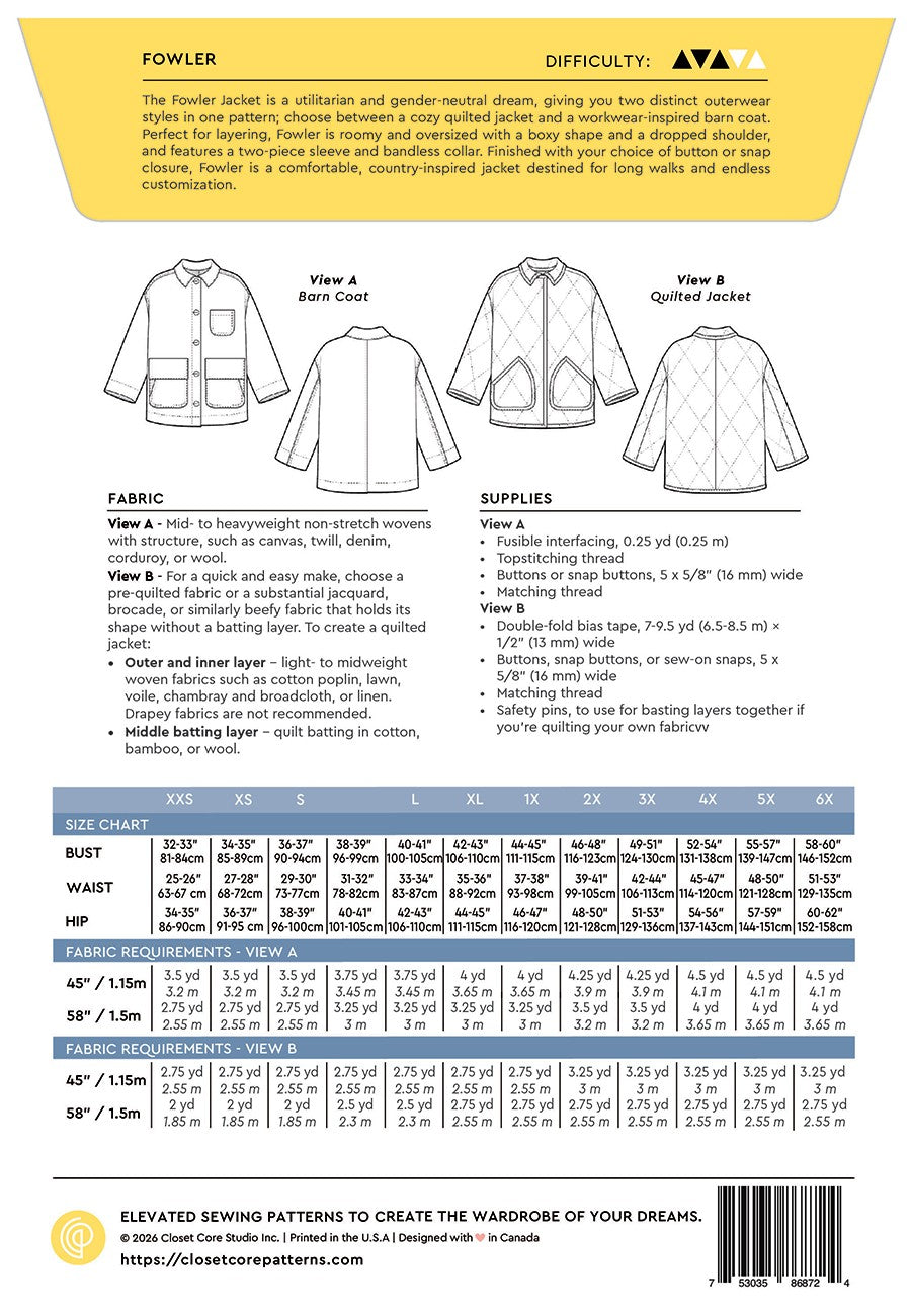 FOWLER Barn Coat + Quilted Jacket Pattern
