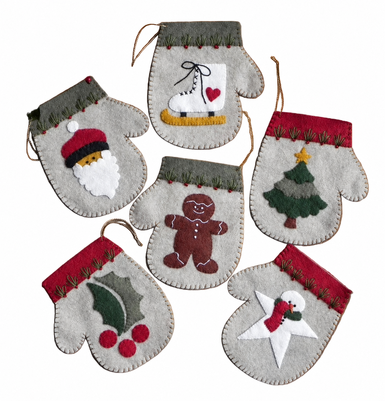 Six festive felt Christmas ornament mittens arranged on a white background, each with a different holiday design including Santa, ice skates, gingerbread man, Christmas tree, holly, and snowman.