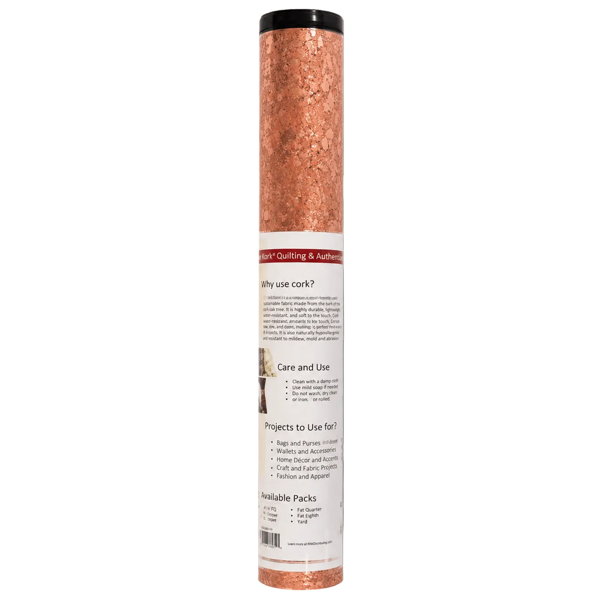 A tall, narrow cylindrical package of cork flooring material with a black cap and a white printed label, shown centered on a muted blue-gray background.