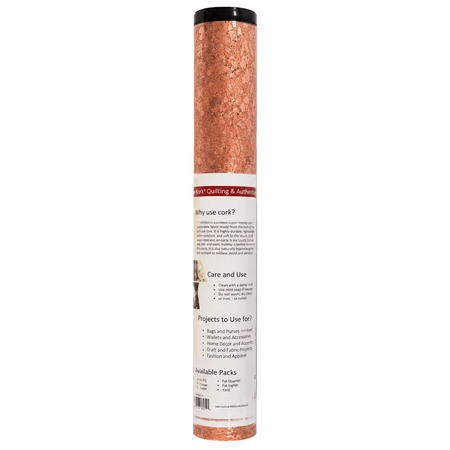 A tall, narrow cylindrical package of cork flooring material with a black cap and a white printed label, shown centered on a muted blue-gray background.