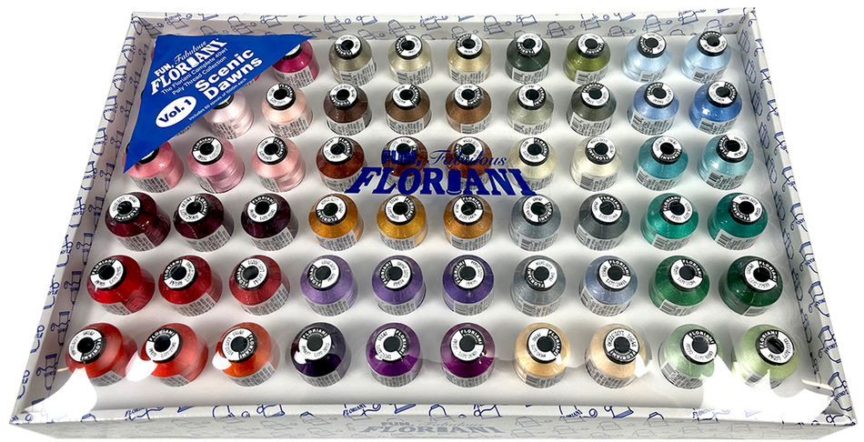 Collection of fabric thread spools in various colors on a branded tray.
