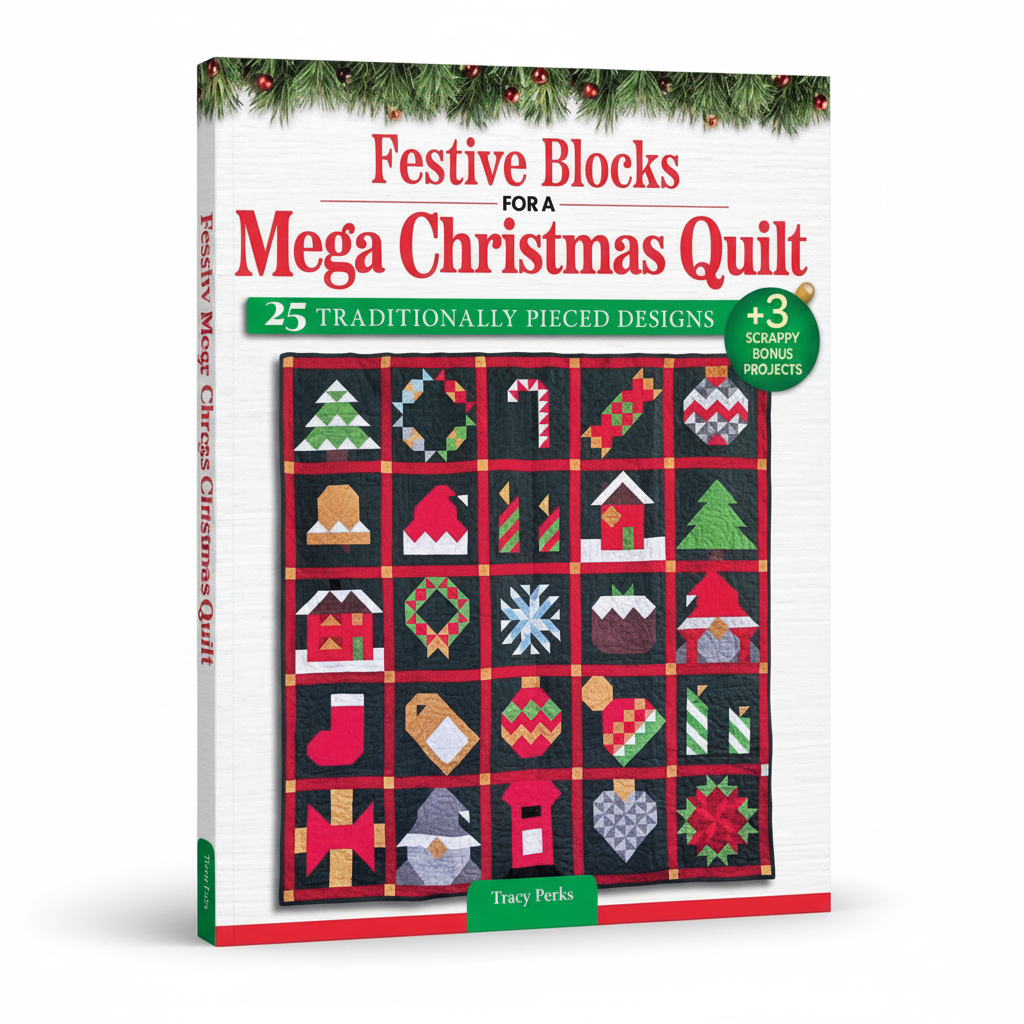 Festive Blocks for a Mega Christmas Quilt book by Tracy Parks, featuring a white cover with red and green holiday-themed text and a quilt design grid on the front.