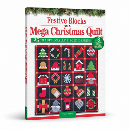 Festive Blocks for a Mega Christmas Quilt book by Tracy Parks, featuring a white cover with red and green holiday-themed text and a quilt design grid on the front.