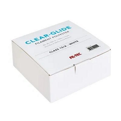 A white rectangular box of PLTEC Clear-Glide filament polyester, labeled 'CLASS 15/A - WHITE', on a plain white background.