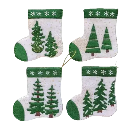 Set of four Christmas stockings with green trees on a white background