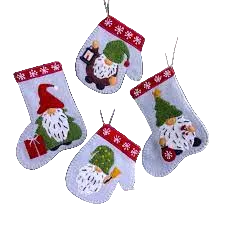 A set of Christmas-themed gnome ornaments in various designs, made from wool felt, embroidered floss, and gold string, displayed on a tree.