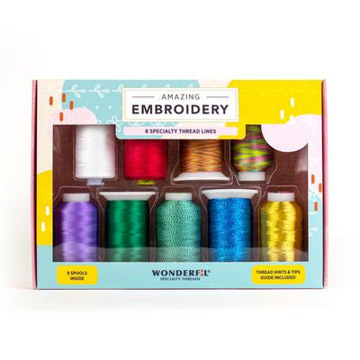 Wonderfil Amazing Embroidery novelty thread pack, Bright & Bold colorway, 9 spools