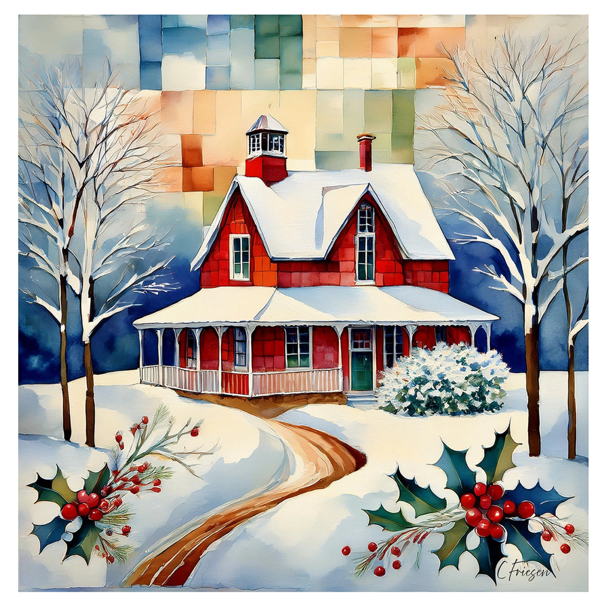 A winter landscape painting featuring a red house with snow-covered roofs, bare trees, a winding dirt path, holly with red berries, and a multicolored patchwork sky.