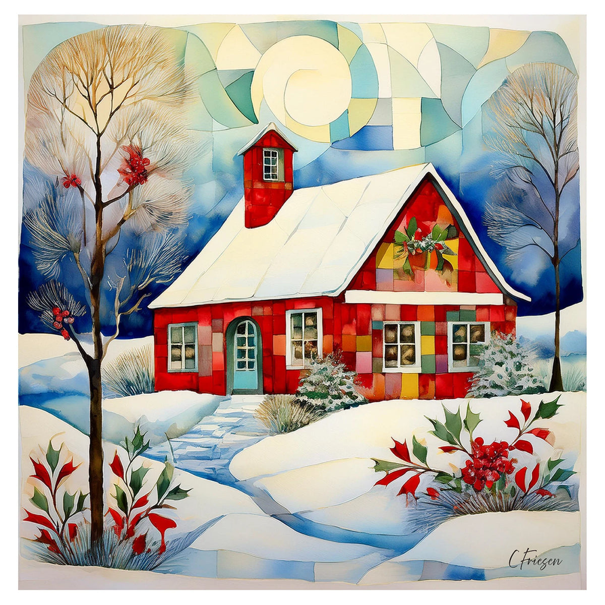 A colorful winter landscape painting featuring a red patchwork-style house with a snow-covered roof, bare trees, blue sky shapes, and red berries in the foreground. The artwork fills nearly the entire frame with a thin white border.