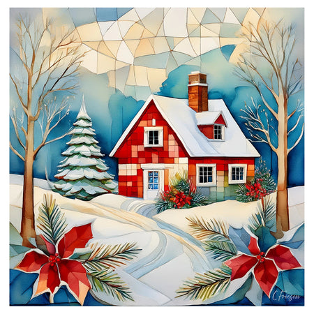 A stylized winter landscape artwork showing a red-and-cream house with snow on the roof and chimney, surrounded by snow-covered ground, bare trees, a pine tree, red poinsettias, and a geometric sky in blue, beige, and white tones.