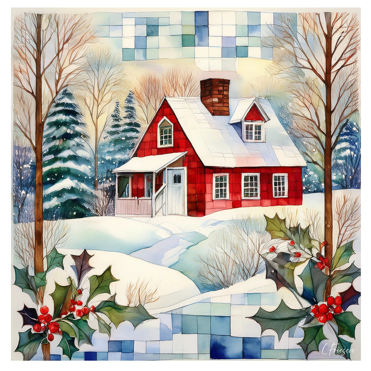 A stylized winter landscape artwork showing a red house with a snow-covered roof and chimney, surrounded by bare trees, evergreen trees with snow, a snowy path, and holly with red berries in the foreground.