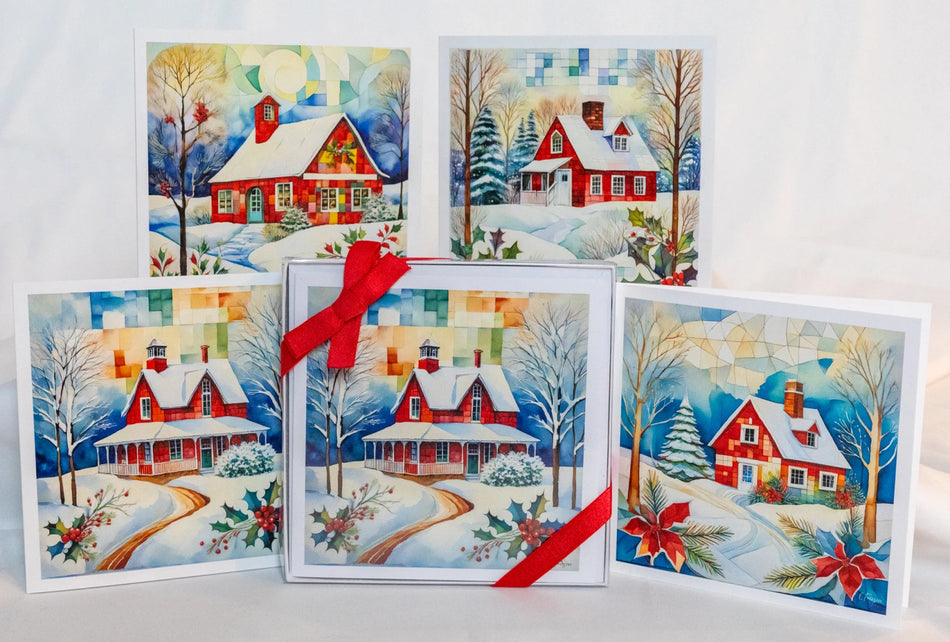Set of Christmas cards with winter scenes and a red ribbon on a white background