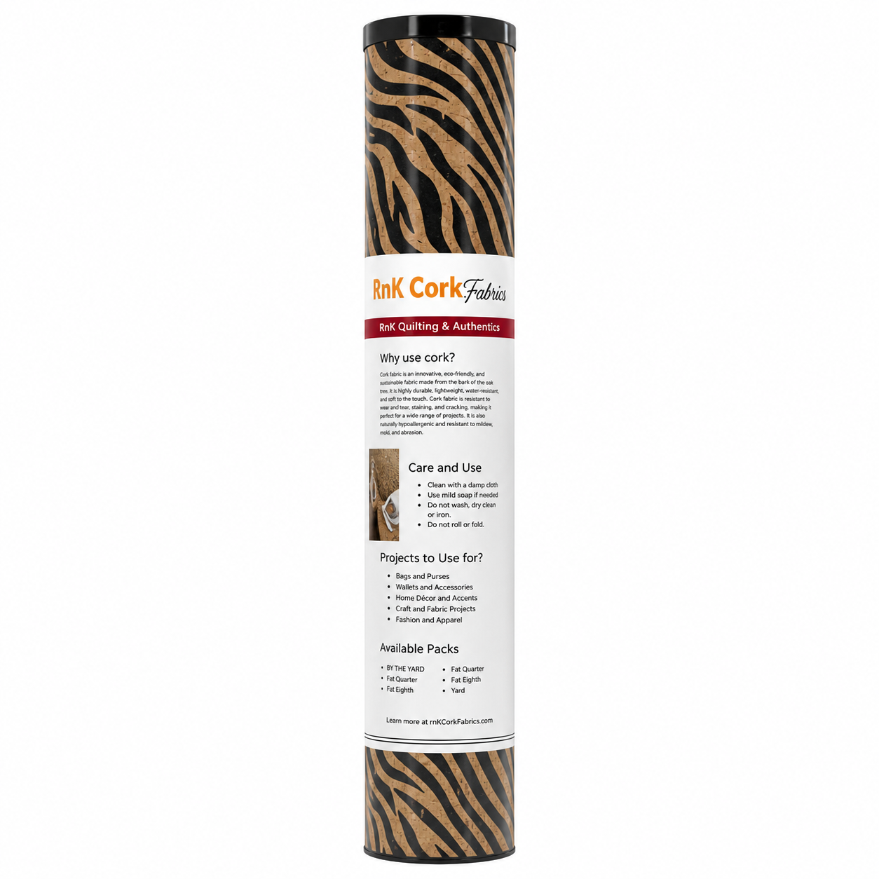 A tall cylindrical product package for Rink Cork Fabrics, featuring a brown and black zebra-stripe pattern with a white label in the center containing product information.