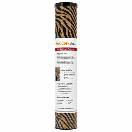 A tall cylindrical product package for Rink Cork Fabrics, featuring a brown and black zebra-stripe pattern with a white label in the center containing product information.