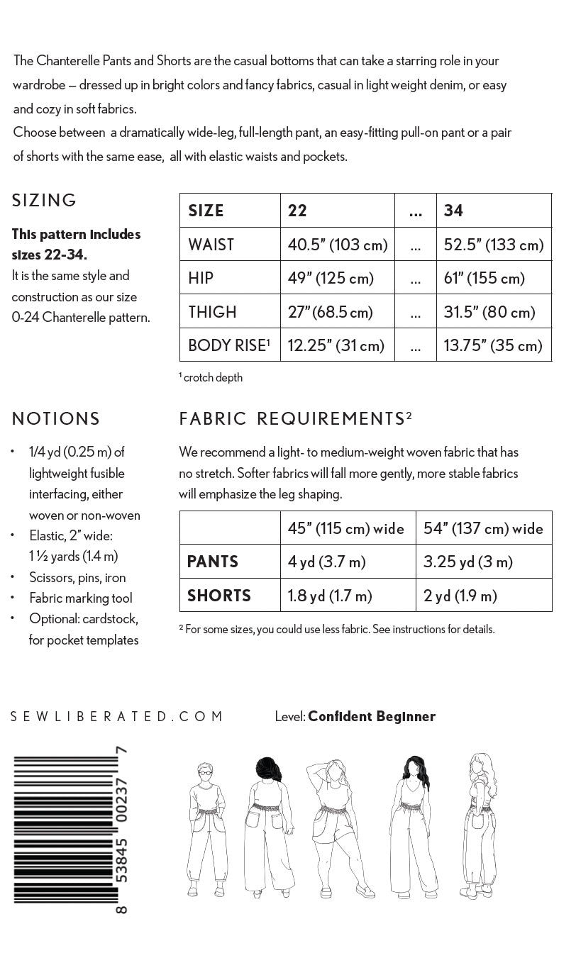 Chanterelle Pants and Shorts Sewing  sz 22-34 Patt