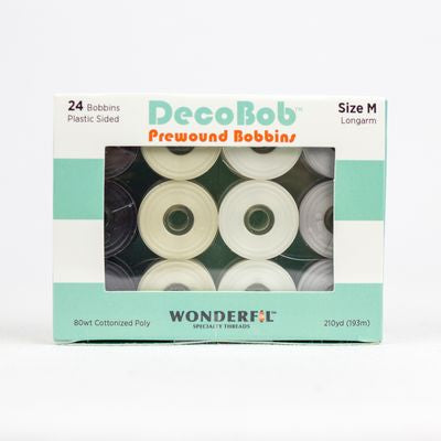 Wonderfil DecoBob 80wt pre-wound bobbins, Size M, Basics assortment, 24 bobbins