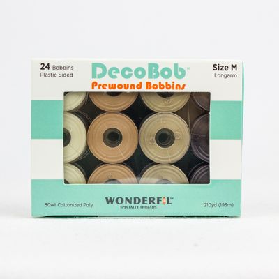 Wonderfil DecoBob 80wt pre-wound bobbins, Size M, Neutrals assortment, 24 bobbins
