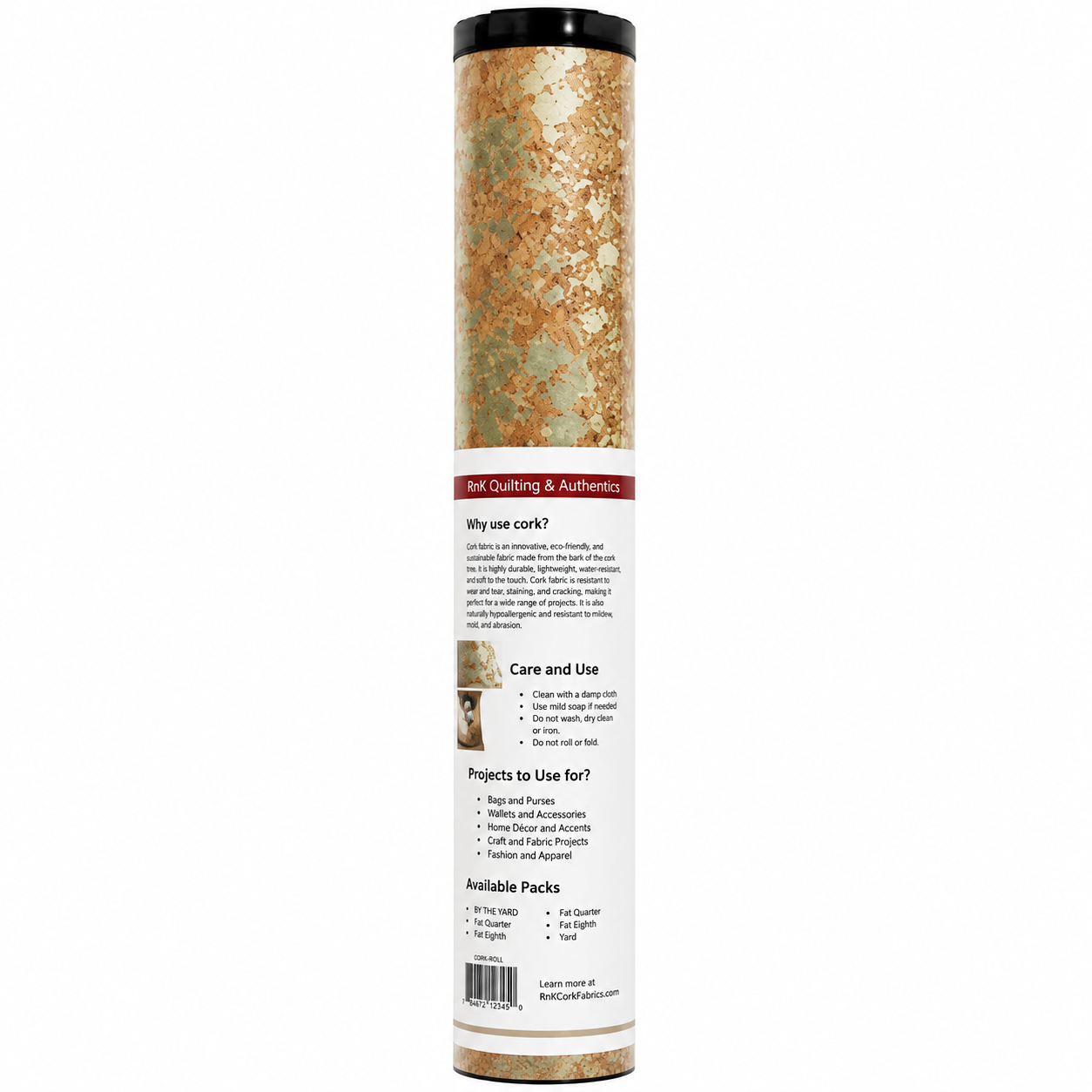 A tall cylindrical package of Cork Remover & Authenticator, showing the back of the label with product details and text, and the cork material visible through the clear top and bottom sections.