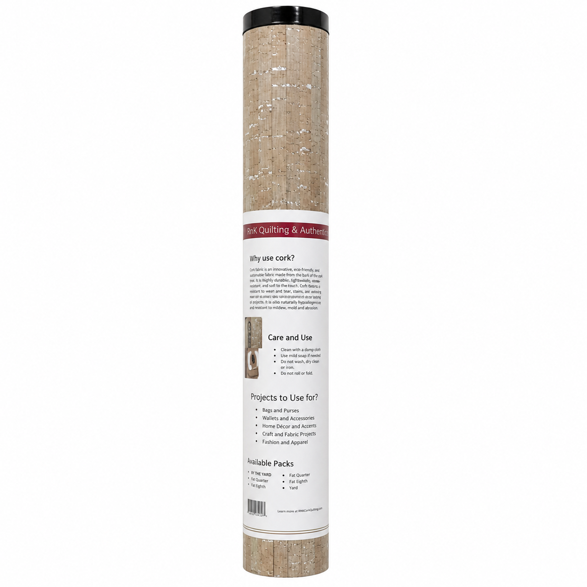 A tall, narrow cylindrical package of Birchwood Cork Quilting and Authentic Cork fabric, featuring a white paper label with black text and a black top cap, set against a plain white background.
