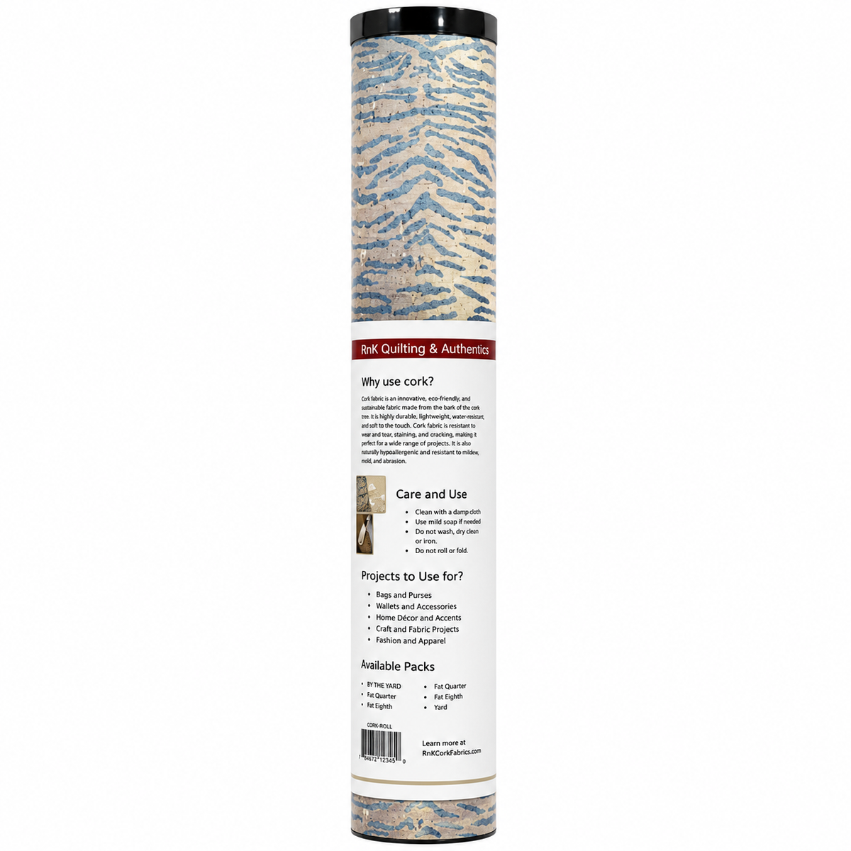 A tall cylindrical package of Cork Gulling & Authentic cork sheet, showing the back of the label with product information, care instructions, and a sample photo of cork flooring in a room setting. The package contains a roll of cork sheets with a natural beige and blue zebra-like pattern.